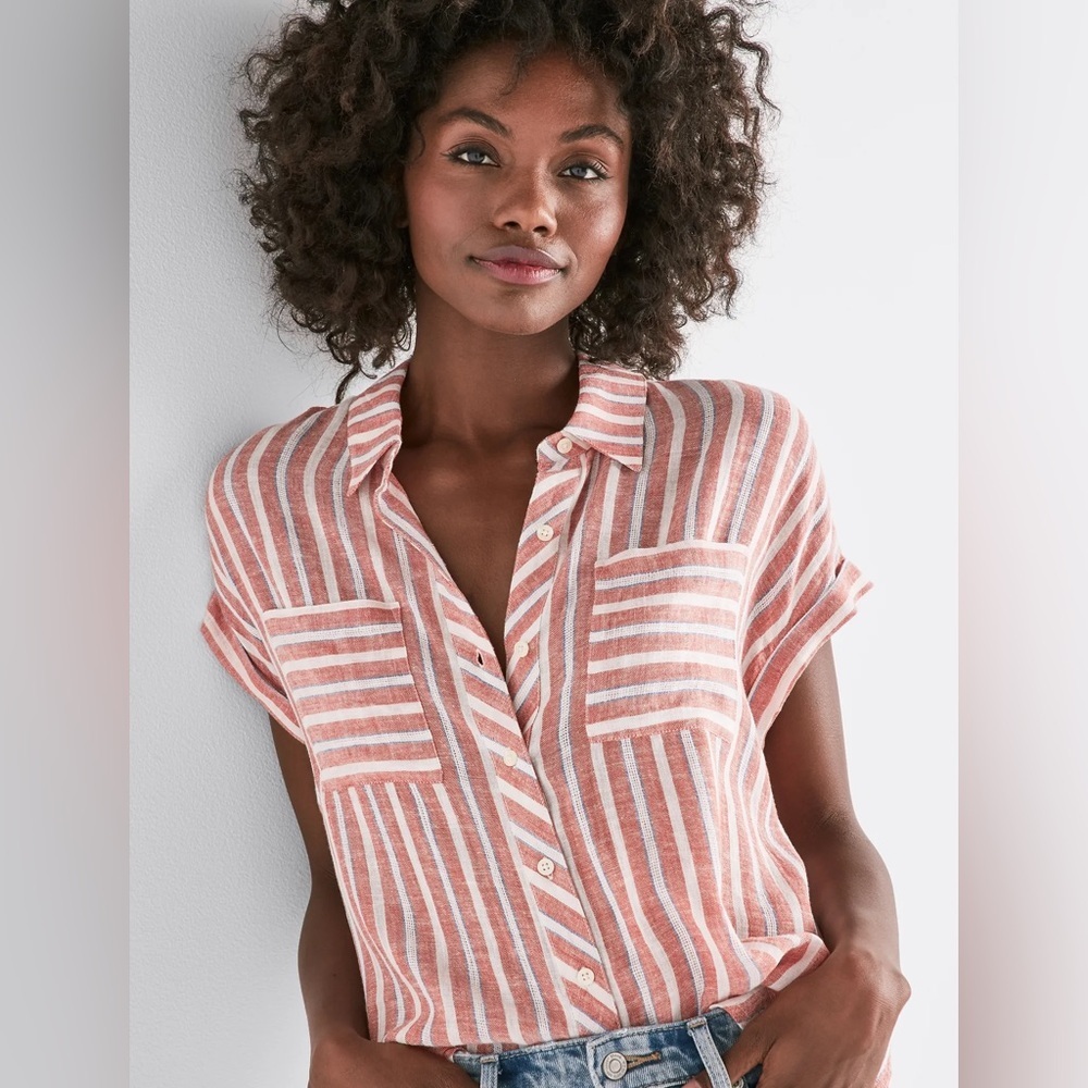 Lucky Brand Tie-Back Linen Blend Striped Button Down Shirt in Red White